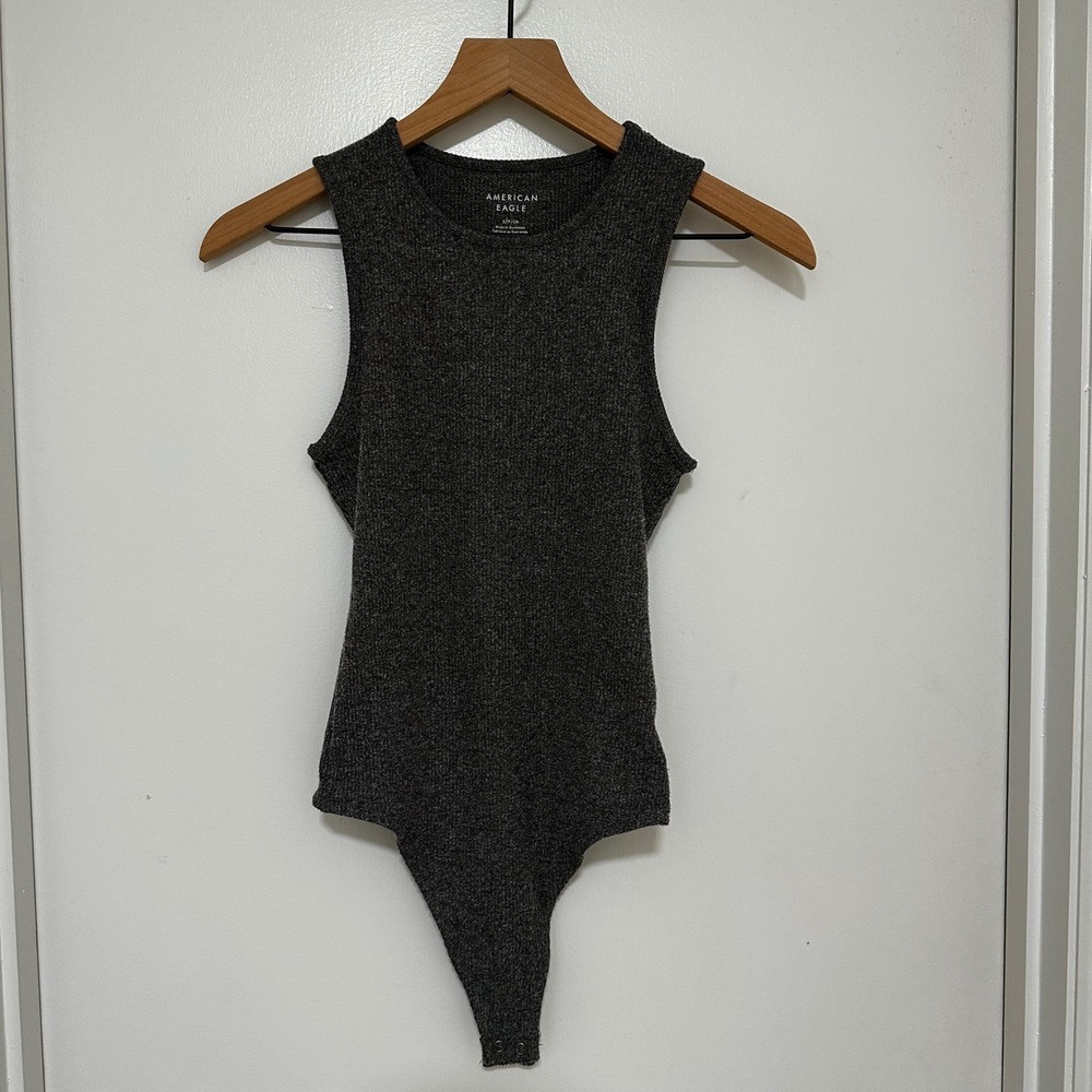 American Eagle | Women's Charcoal Grey Ribbed Crew Neck Sleeveless Bodysuit, S